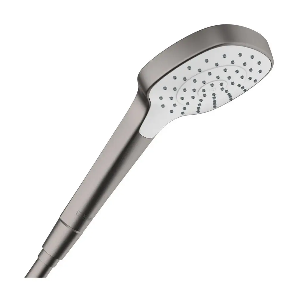 Hansgrohe Handbrause mit einem flachen, runden Kopf und mehreren Wasseröffnungen. Der Griff ist schlank und ergonomisch gestaltet.